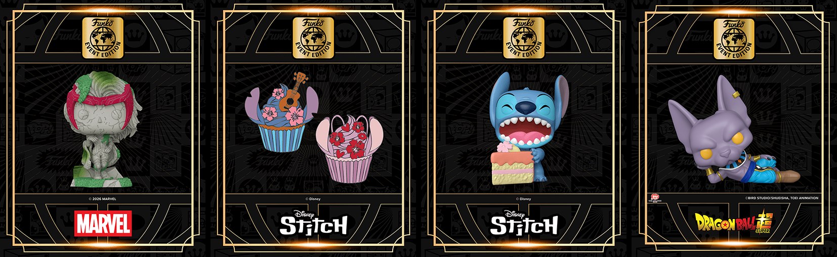Fichas oficiales Funko EVENT EDITION de Scarlet Witch Statue, pins Stitch and Angel, Stitch with Cake y Beerus