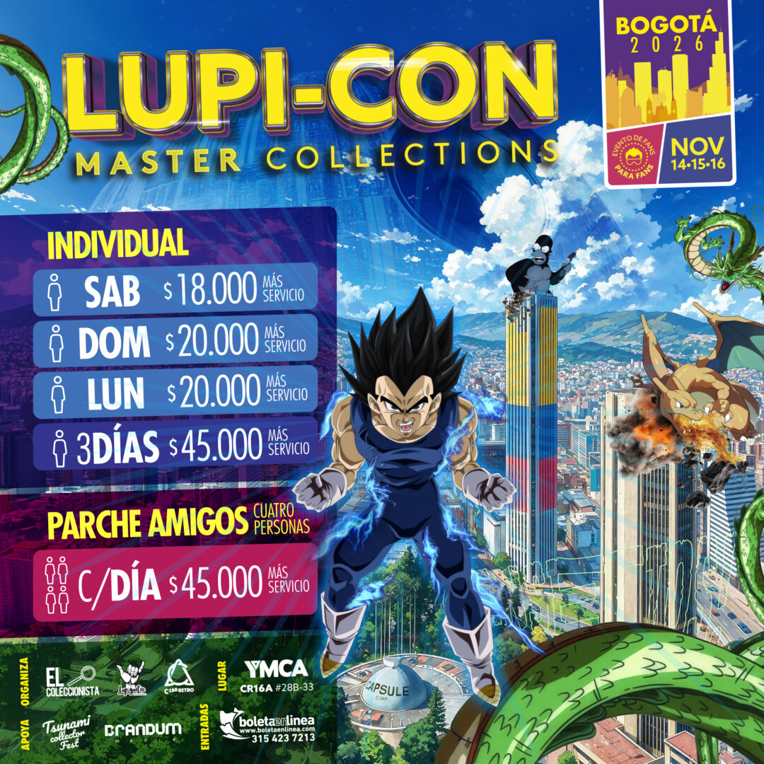 Flyer oficial Lupi-Con Master Collections 2026 Bogotá con precios de entradas por día, pase 3 días y Parche Amigos