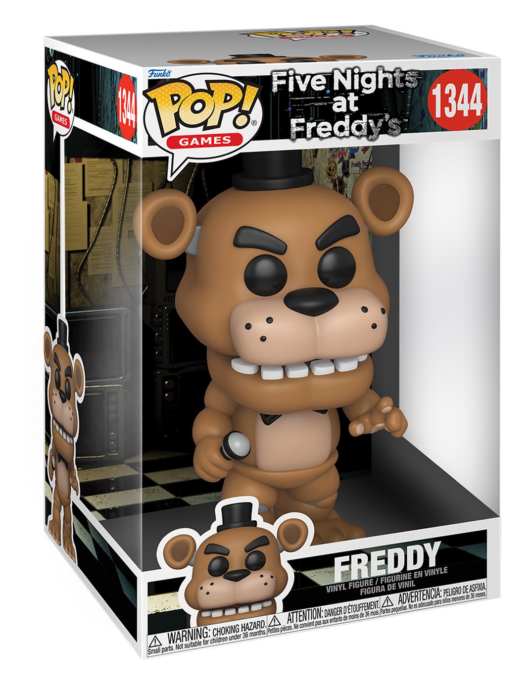 Caja del Funko Pop Jumbo Freddy 1344 de Five Nights at Freddys de 10 pulgadas sobre fondo blanco