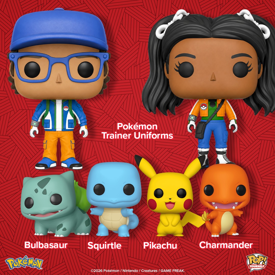 Opciones oficiales Pop! Yourself x Pokémon con uniformes de Entrenador y buddies Bulbasaur, Squirtle, Pikachu y Charmander