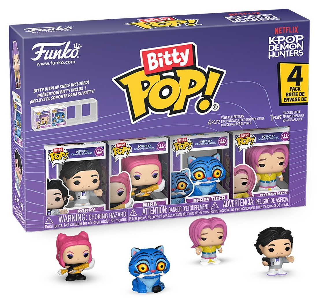 Bitty Pop KPop Demon Hunters Series 1 con Bobby, Mira, Derpy Tiger y Romance Saja en su caja