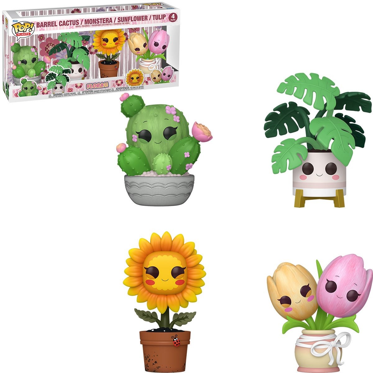 Set Funko Pop Flora 4-pack (cactus, monstera, sunflower, tulip) sobre fondo blanco limpio — ejemplo de foto catálogo sin glare