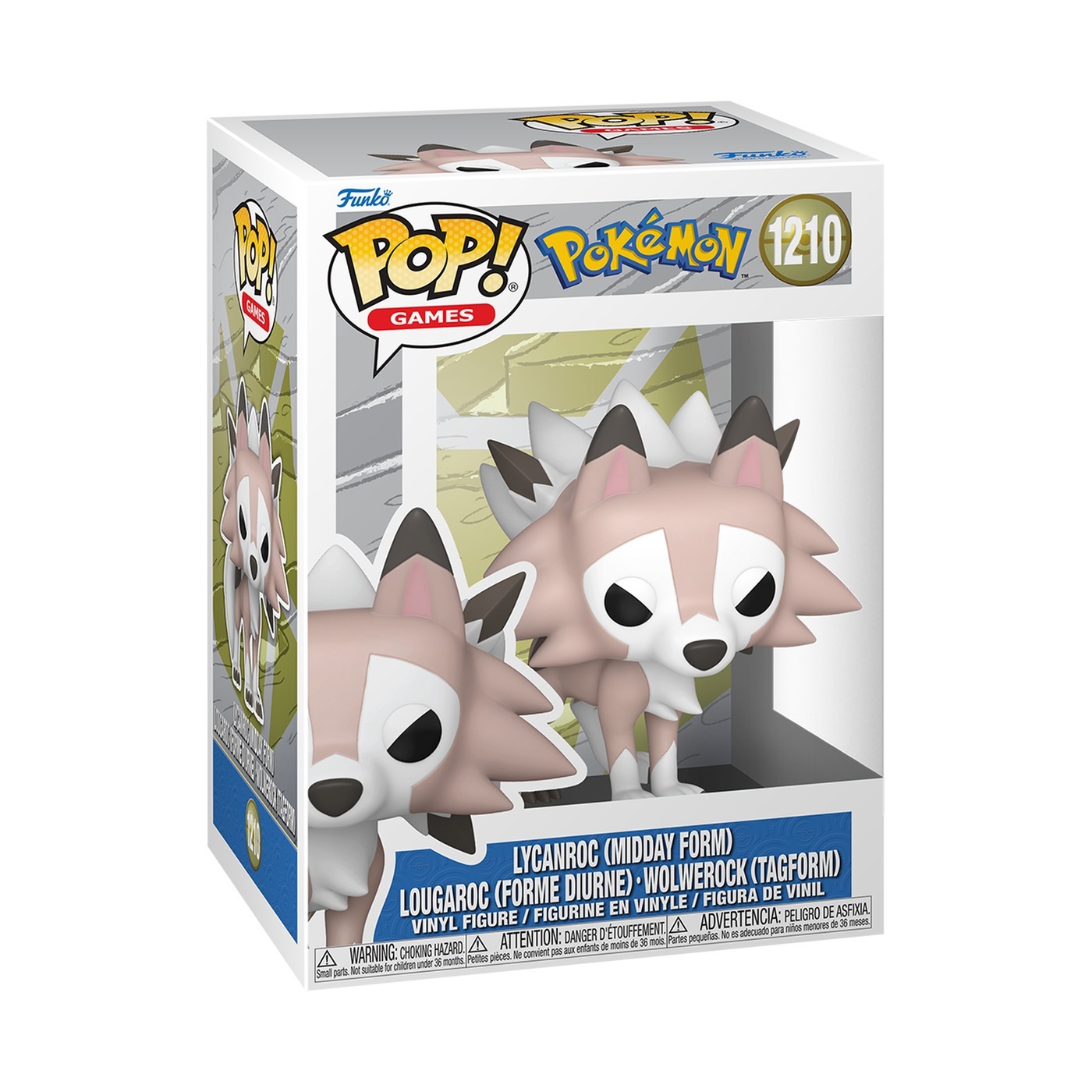 Funko Pop Pokémon Lycanroc Midday Form #1210 en caja oficial en ángulo tres cuartos sobre fondo blanco
