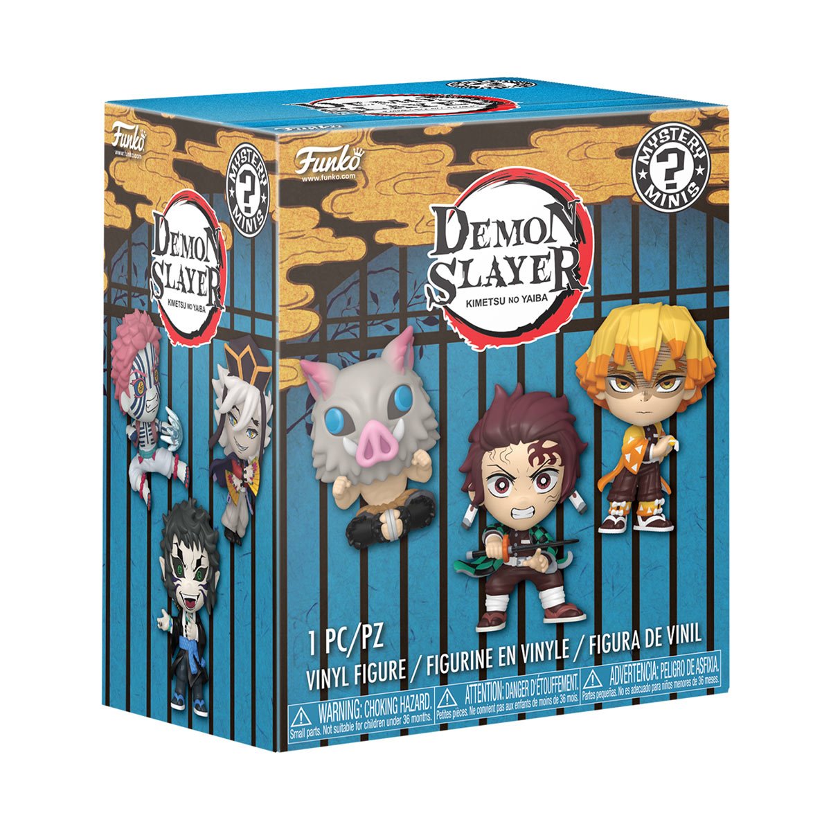 Caja ciega individual Funko Mystery Minis Demon Slayer Kimetsu no Yaiba Series 2 con arte de Tanjiro Zenitsu e Inosuke fondo blanco