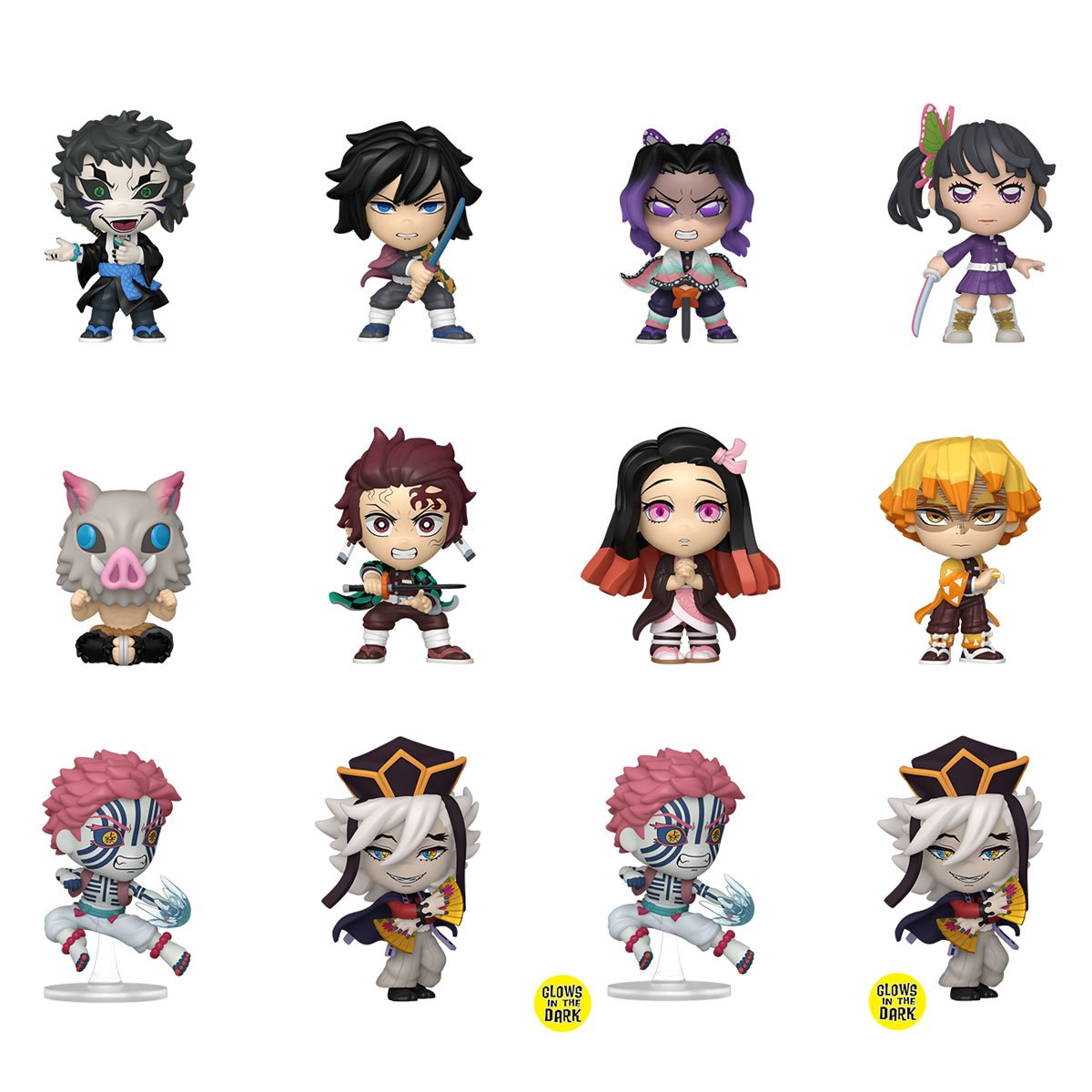 Lineup completo Funko Mystery Minis Demon Slayer Series 2 Infinity Castle: 12 figuras en fondo blanco con variantes Glow de Akaza y Doma