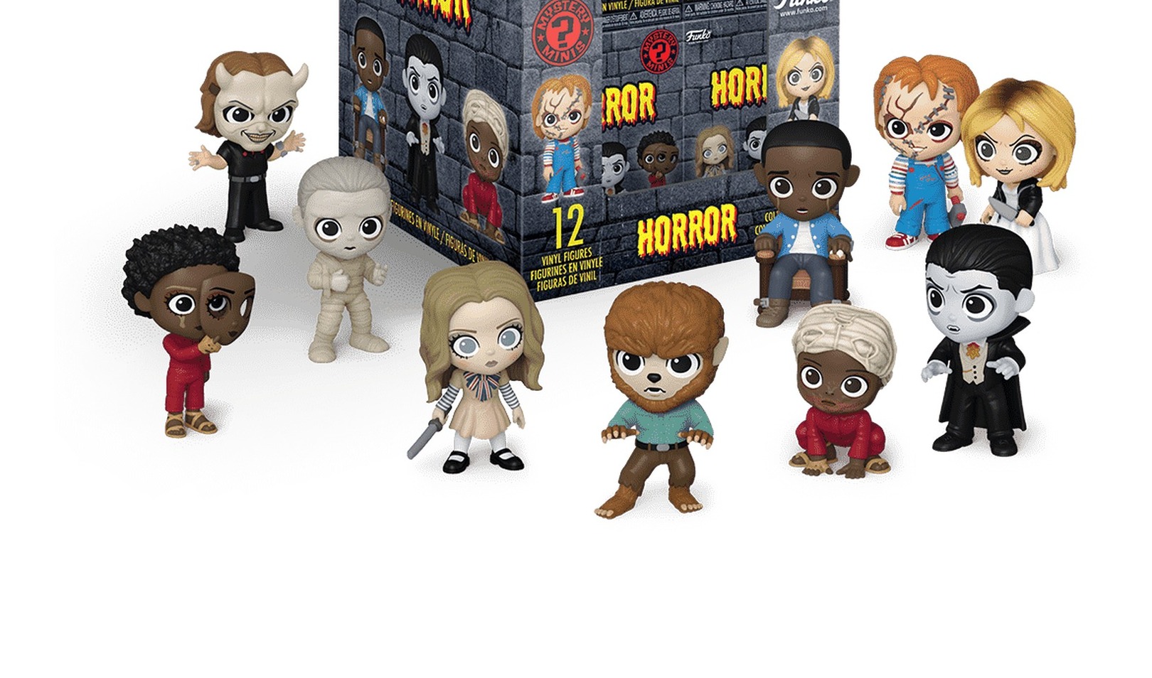 Detalle frontal Mystery Minis Horror con M3GAN Wolf Man Red y Chris Washington