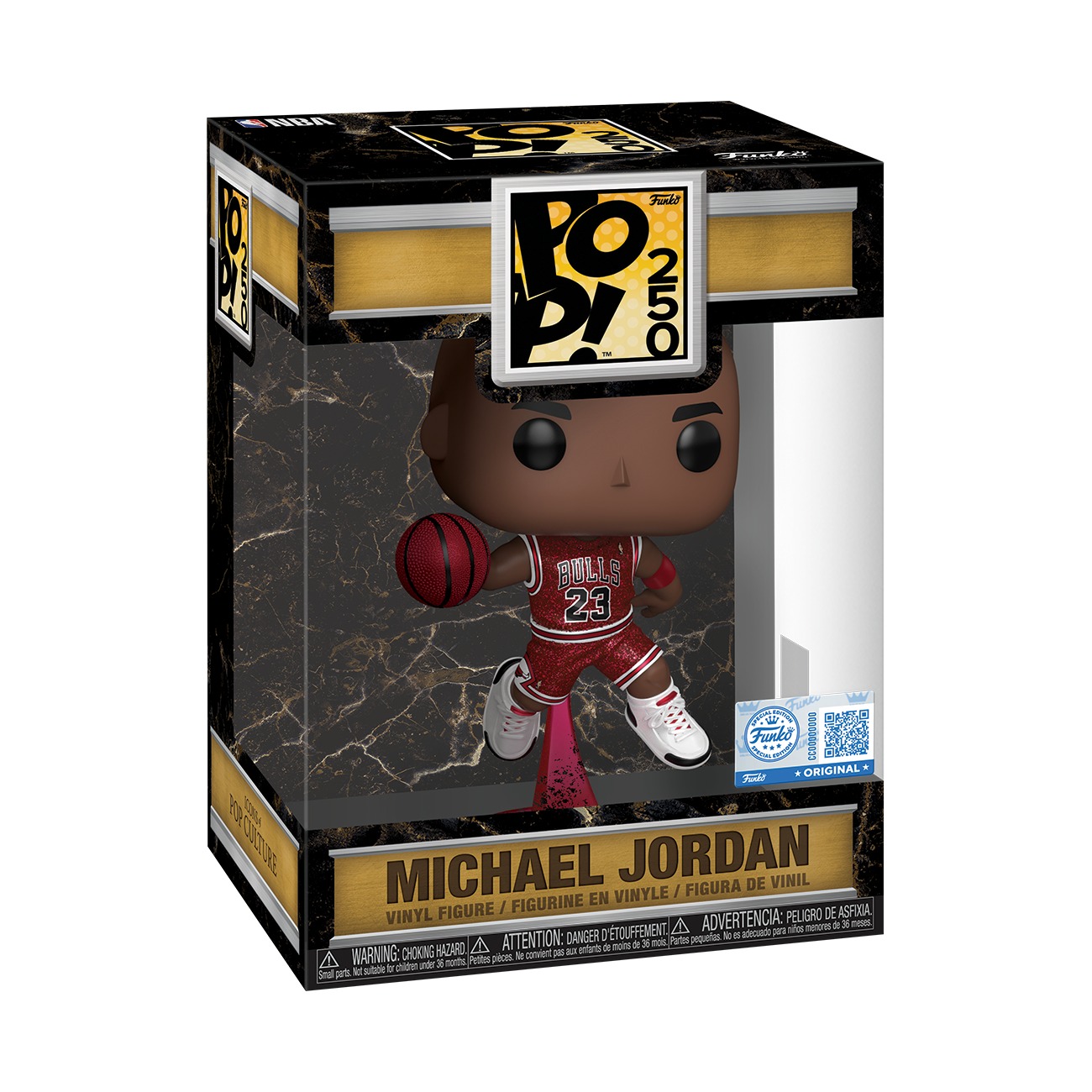 Funko Pop 250 Michael Jordan Bulls glitter en caja negra y oro Special Edition arte oficial