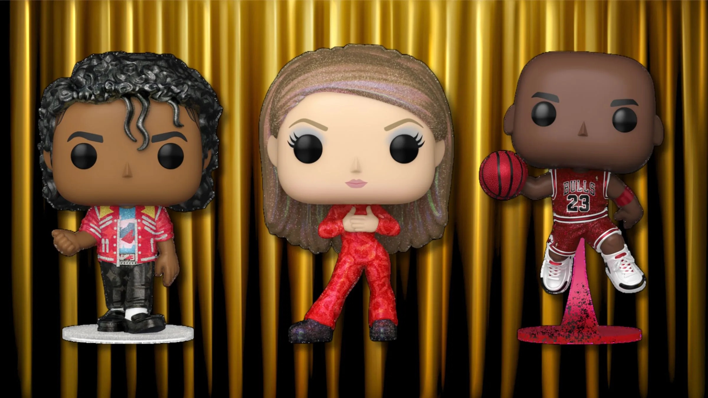 Funko Pop 250 lineup glitter: Michael Jackson Beat It, Britney Spears Oops I Did It Again y Michael Jordan Bulls con stand