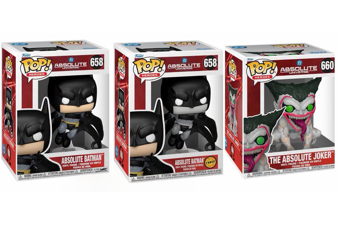 Funko Pop Absolute Batman #658, su chase en tonos grises y The Absolute Joker #660 en caja