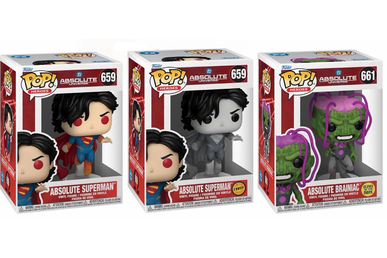 Funko Pop Absolute Superman #659, su chase monocromo y Absolute Brainiac #661 glow in the dark en caja