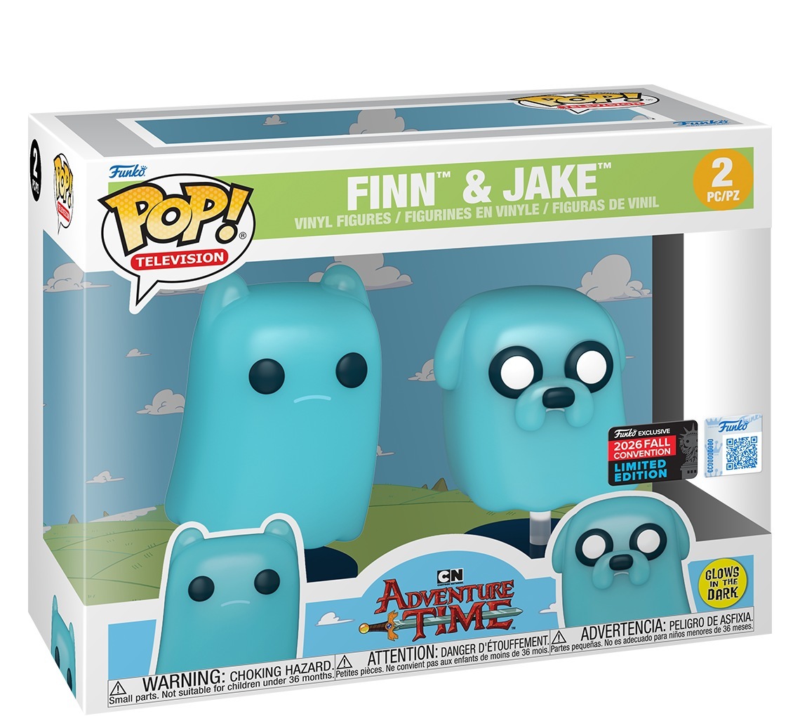 Funko Pop Adventure Time Finn y Jake Glow 2-pack caja Fall Convention 2026 sobre fondo blanco
