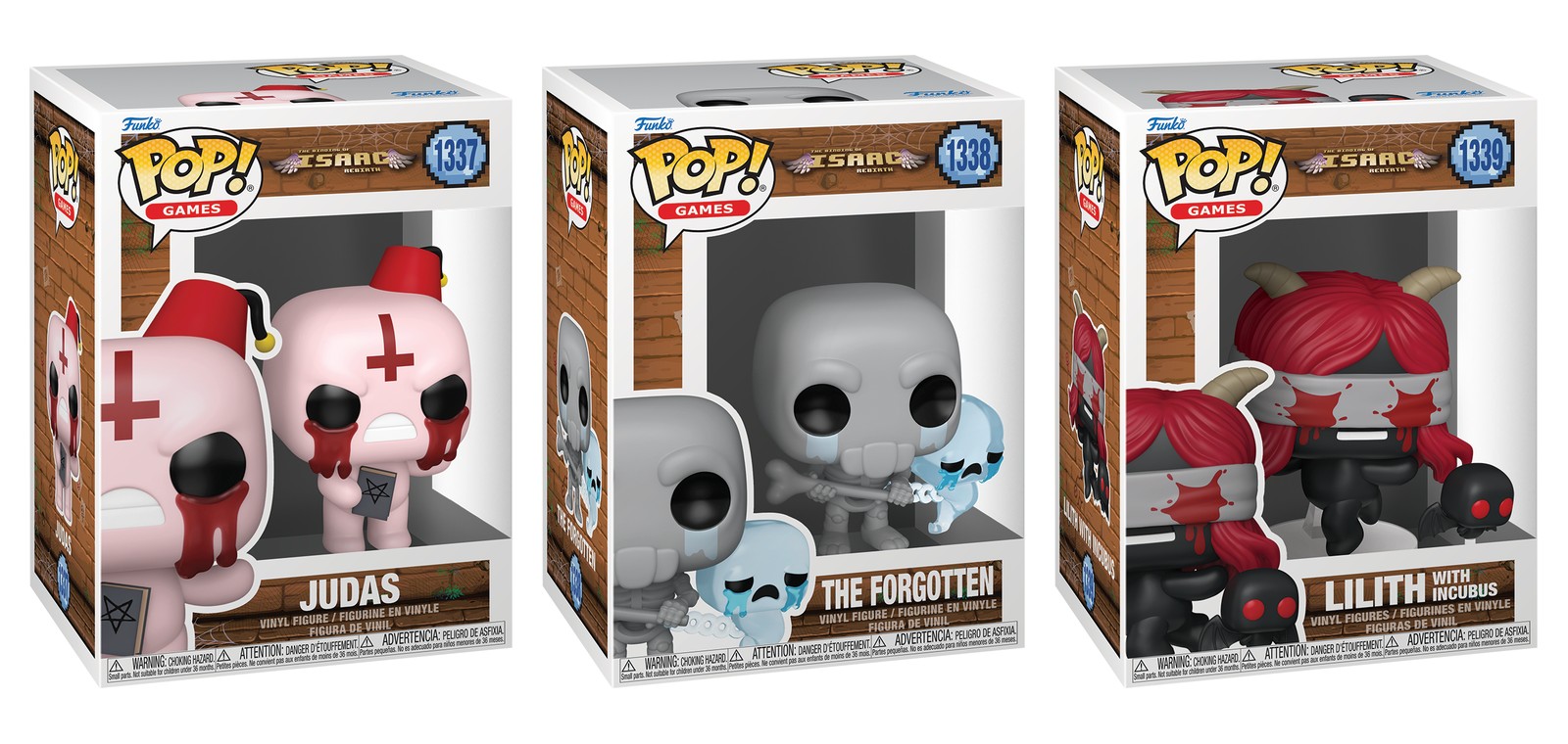 Cajas de los Funko Pop Binding of Isaac Judas 1337, The Forgotten 1338 y Lilith with Incubus 1339