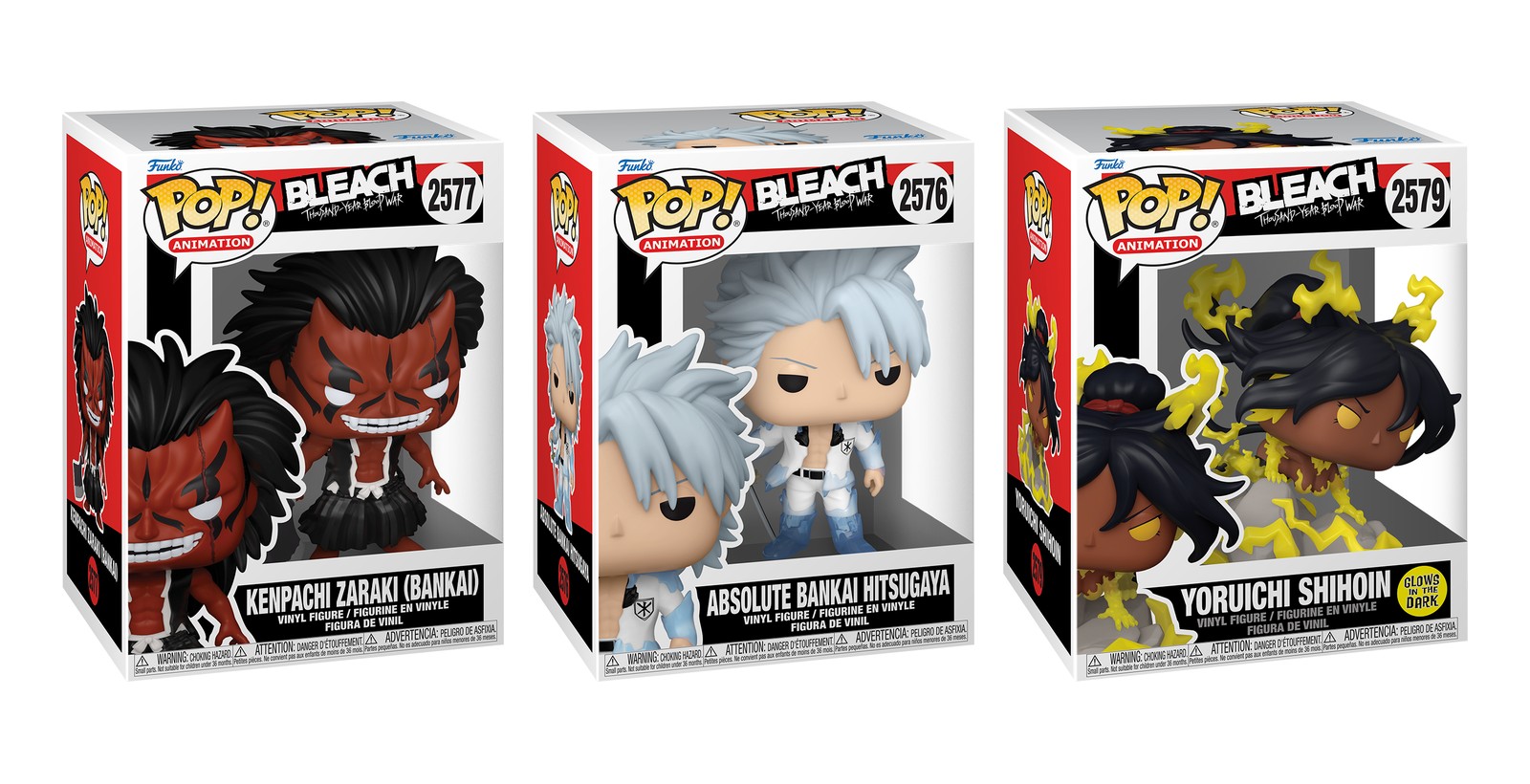 Funko Pop Bleach Kenpachi Zaraki Bankai 2577, Hitsugaya 2576 y Yoruichi Premium Glow 2579 en sus cajas