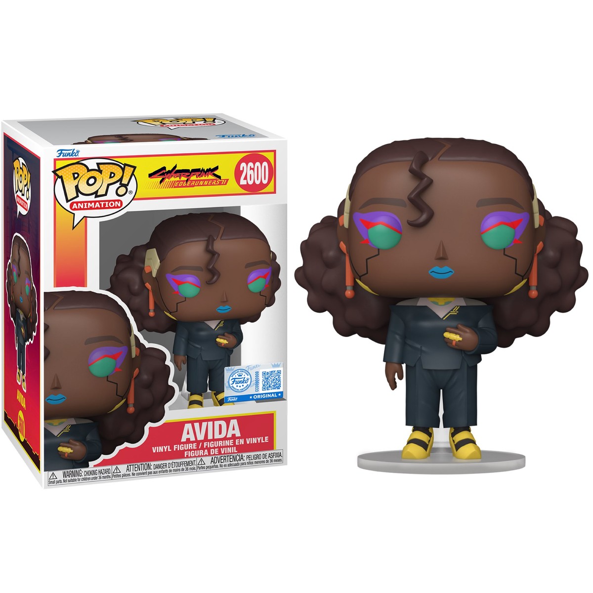 Funko Pop Avida #2600 exclusiva de Cyberpunk Edgerunners II en caja y fuera de caja sobre fondo blanco