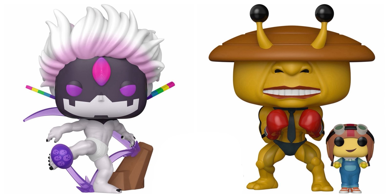 Funko Pop Dandadan Evil Eye en patada y Dover Demon con Chiquitita, renders sobre fondo blanco