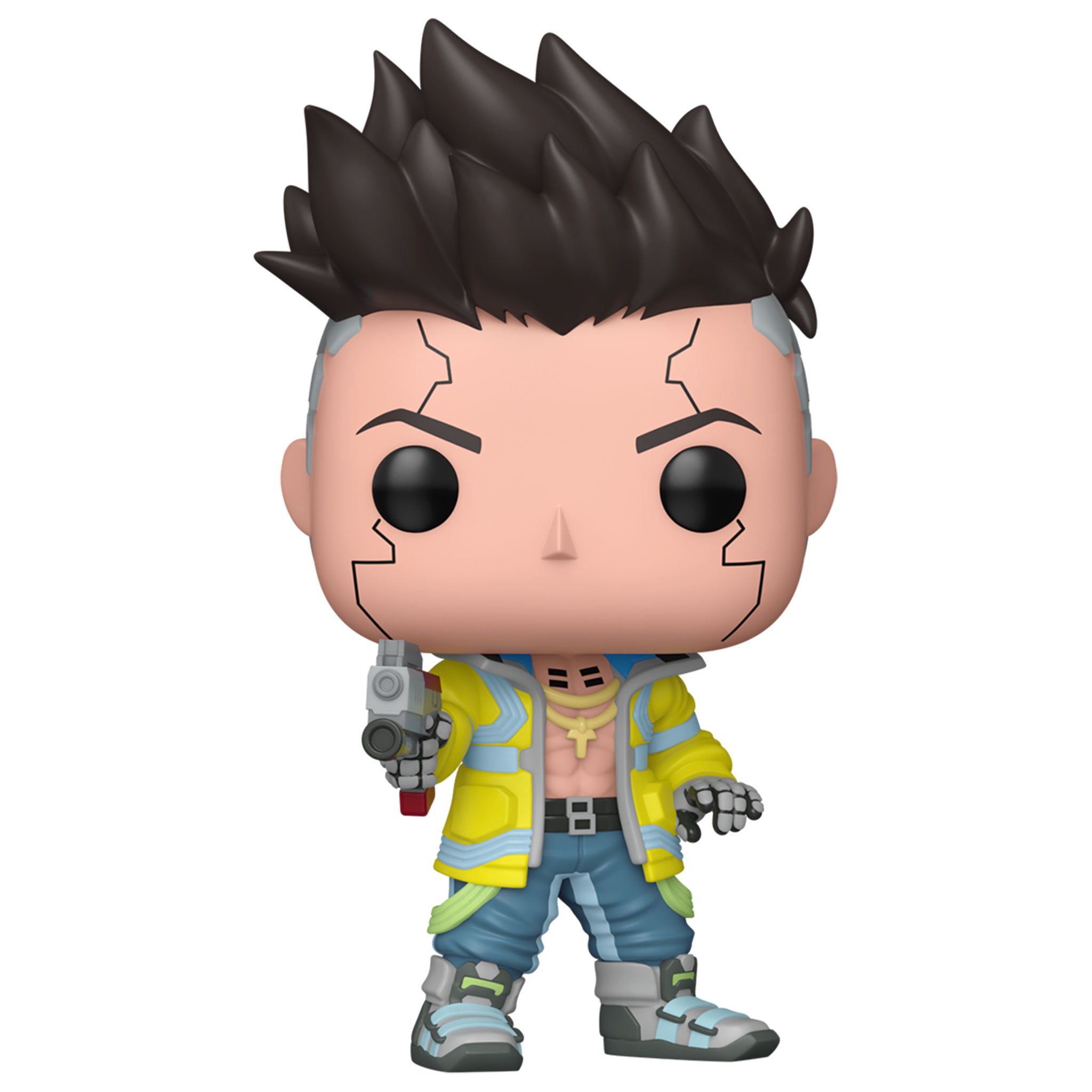 Funko Pop David Martinez Cyberpunk Edgerunners #2581 fuera de caja fondo blanco con pistola Yukimura