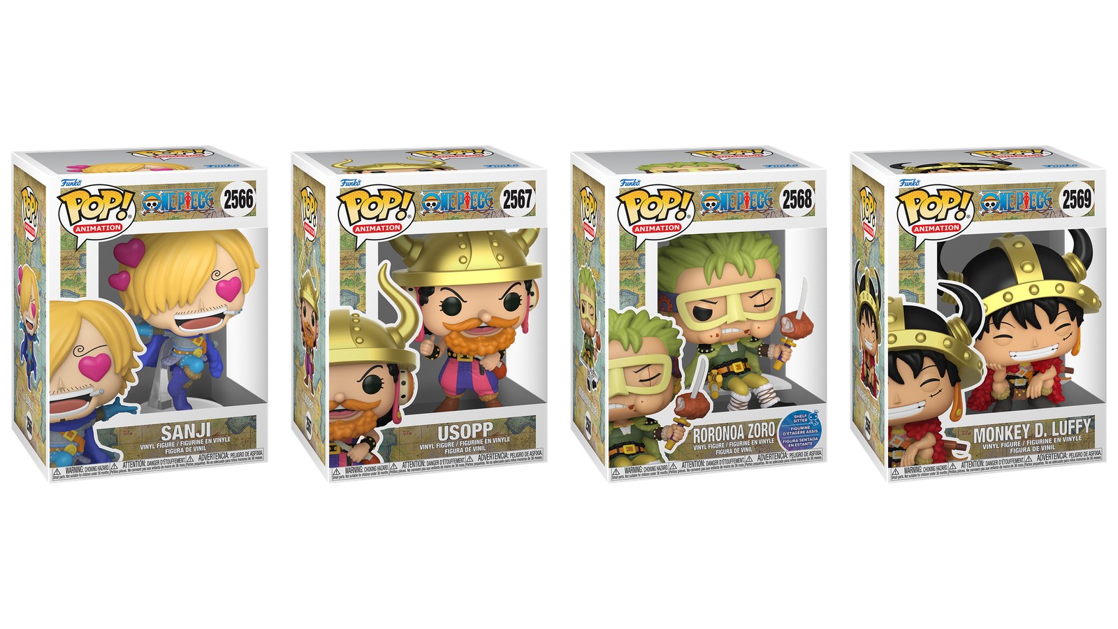 Funko Pop de anime One Piece Elbaph Sanji, Usopp, Zoro y Luffy en caja