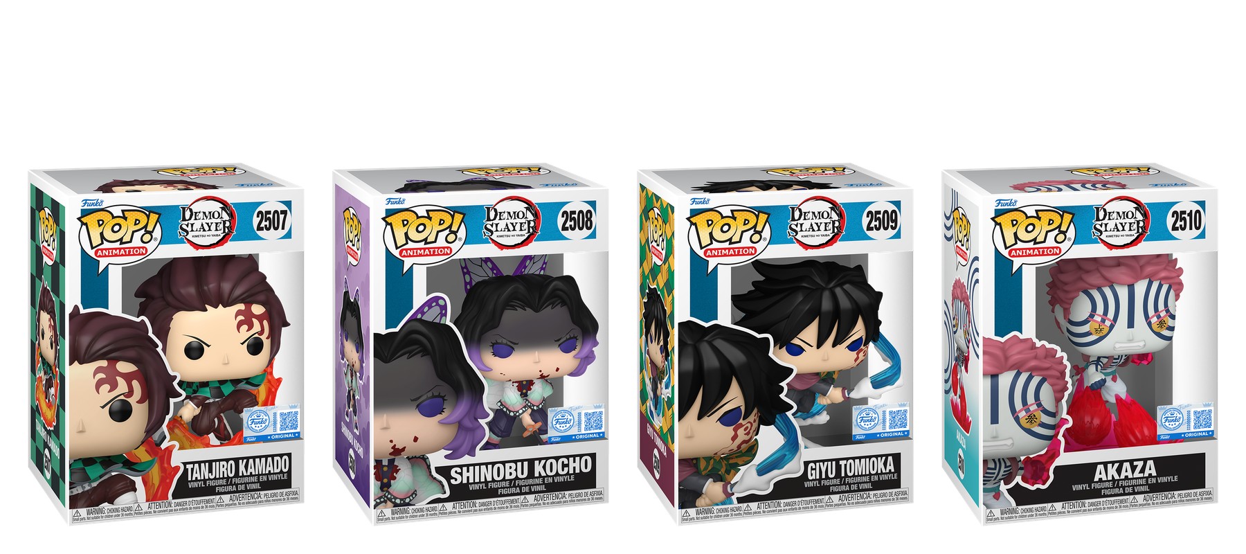 Cajas de los Funko Pop Demon Slayer Castillo Infinito exclusivos: Tanjiro #2507, Shinobu #2508, Giyu #2509 y Akaza #2510