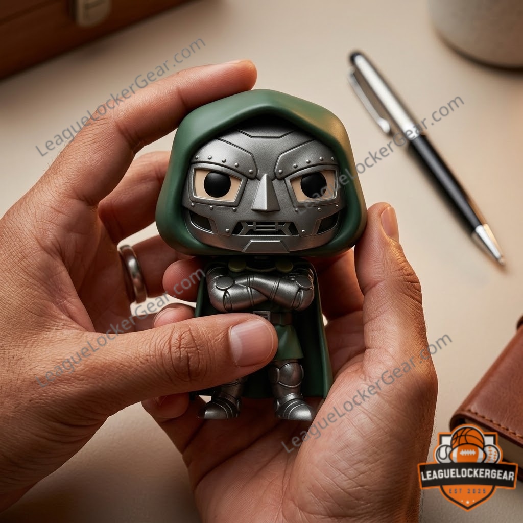 Detalle de cerca del Funko Pop Doctor Doom Doomsday máscara y capa verde