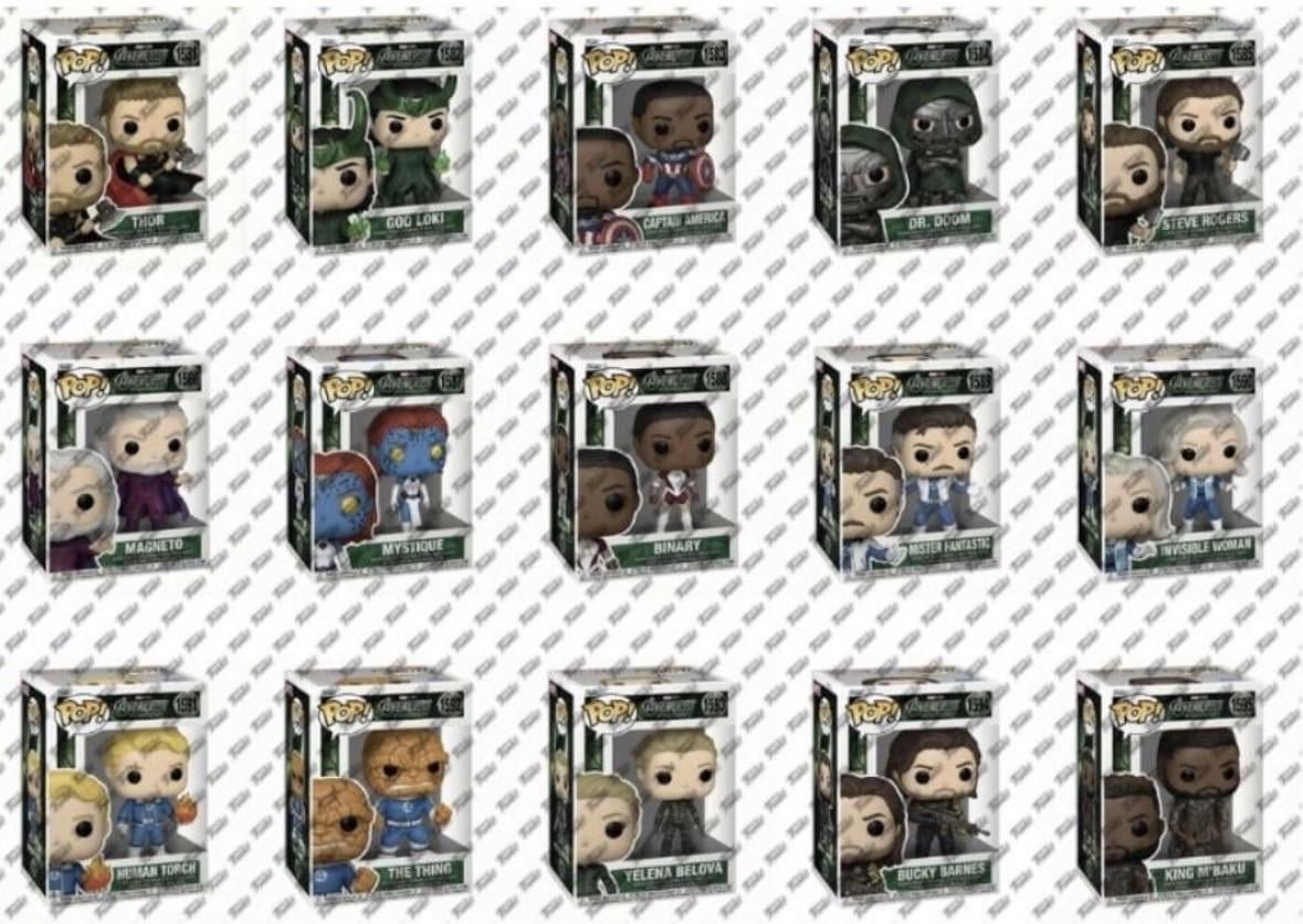 Grid de cajas Funko Pop Avengers Doomsday con Doctor Doom #1584 y lineup 1581 a 1595