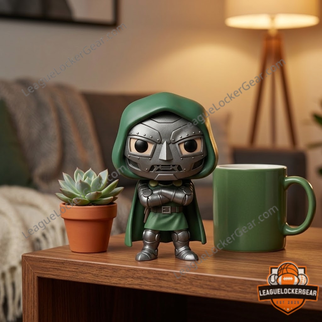 Funko Pop Doctor Doom Avengers Doomsday #1584 en pose de brazos cruzados, lifestyle