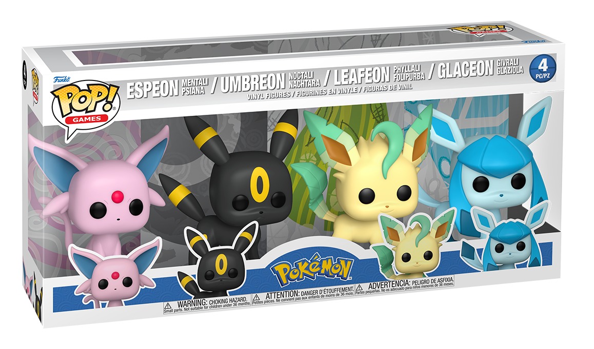 Caja del Funko Pop Eevee Elemental Evolutions 4-Pack con Espeon, Umbreon, Leafeon y Glaceon