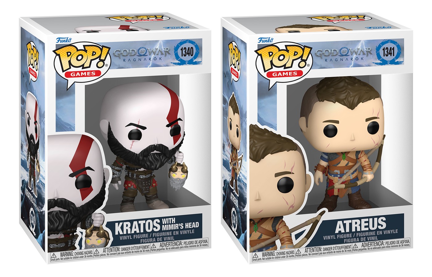 Cajas Funko Pop God of War Ragnarök Kratos con la cabeza de Mímir 1340 y Atreus 1341 sobre fondo blanco Cajas Funko Pop God of War Ragnarök Kratos con la cabeza de Mímir 1340 y Atreus 1341 sobre fondo blanco