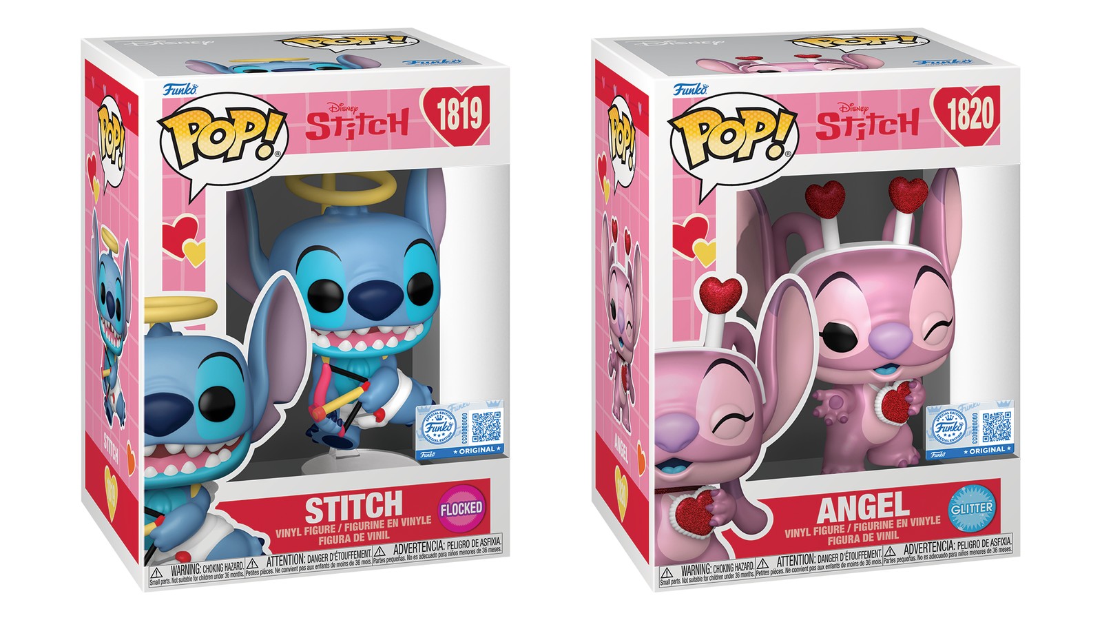 Cajas Funko Pop Stitch 1819 flocked y Angel 1820 glitter de San Valentín, exclusivos Funko Shop