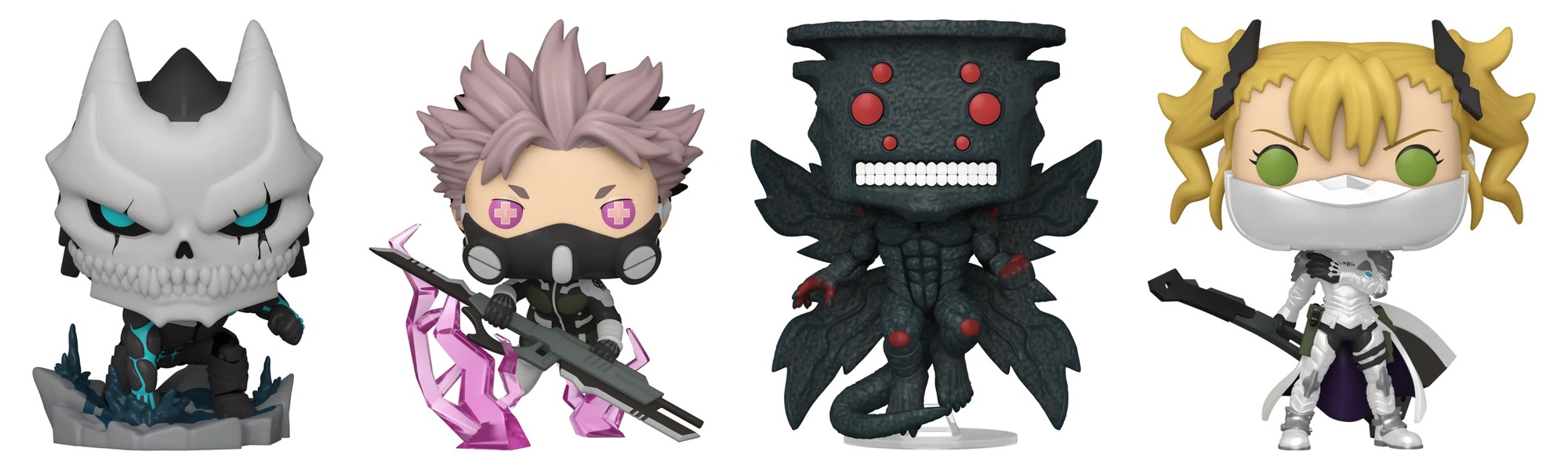 Funko Pop Kaiju No. 8 Chile 2026: lineup de Kaiju No. 8 Bloody #2621, Gen Narumi Power Up #2622, Kaiju No. 9 Winged #2623 y Kikoru Shinomiya #2624 fuera de caja