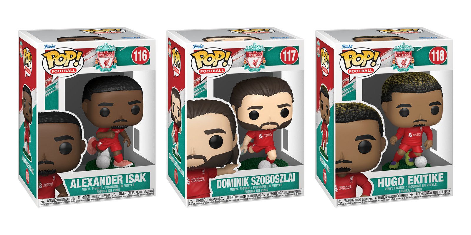 Cajas de Funko Pop Liverpool de Alexander Isak 116, Dominik Szoboszlai 117 y Hugo Ekitike 118