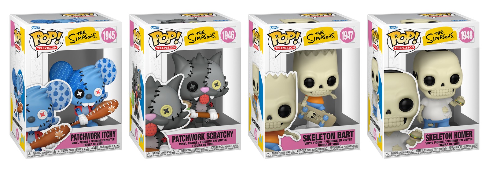 Cajas Funko Pop Los Simpson Casita del Horror: Patchwork Itchy 1945, Patchwork Scratchy 1946, Skeleton Bart 1947 y Skeleton Homer 1948