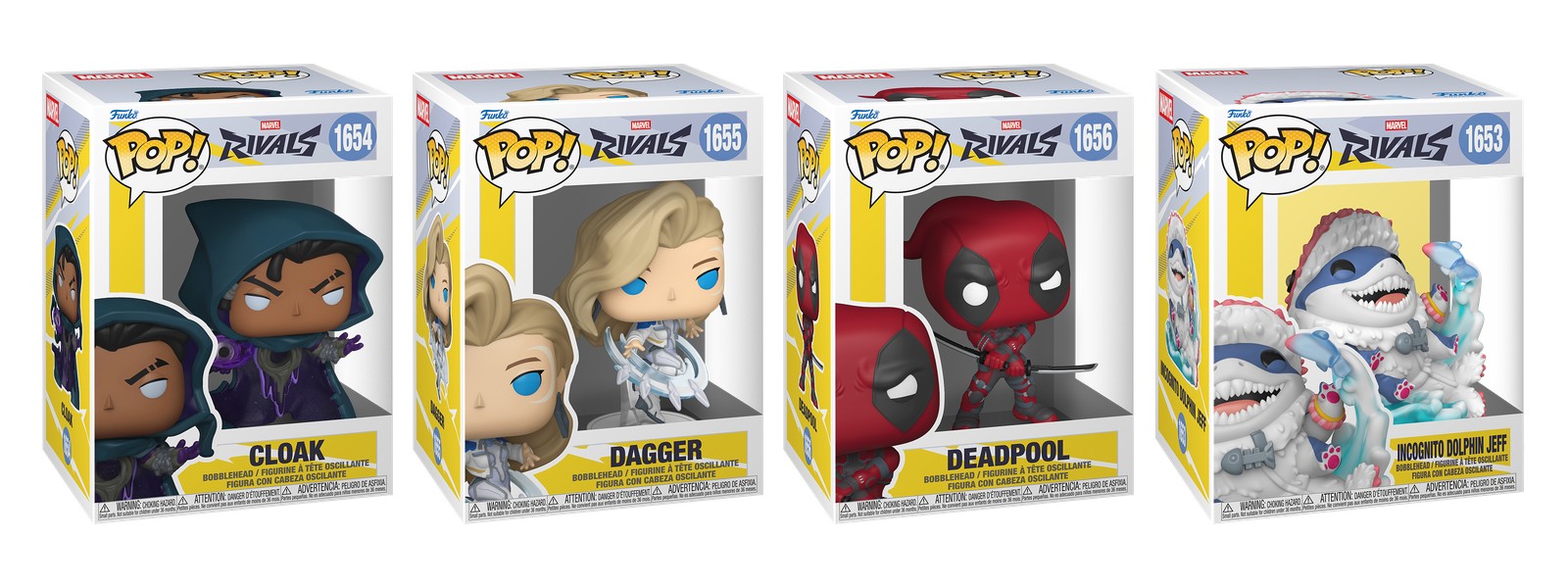 Cajas Funko Pop Marvel Rivals Cloak 1654, Dagger 1655, Deadpool 1656 e Incognito Dolphin Jeff 1653, fondo blanco Cajas Funko Pop Marvel Rivals Cloak 1654, Dagger 1655, Deadpool 1656 e Incognito Dolphin Jeff 1653, fondo blanco