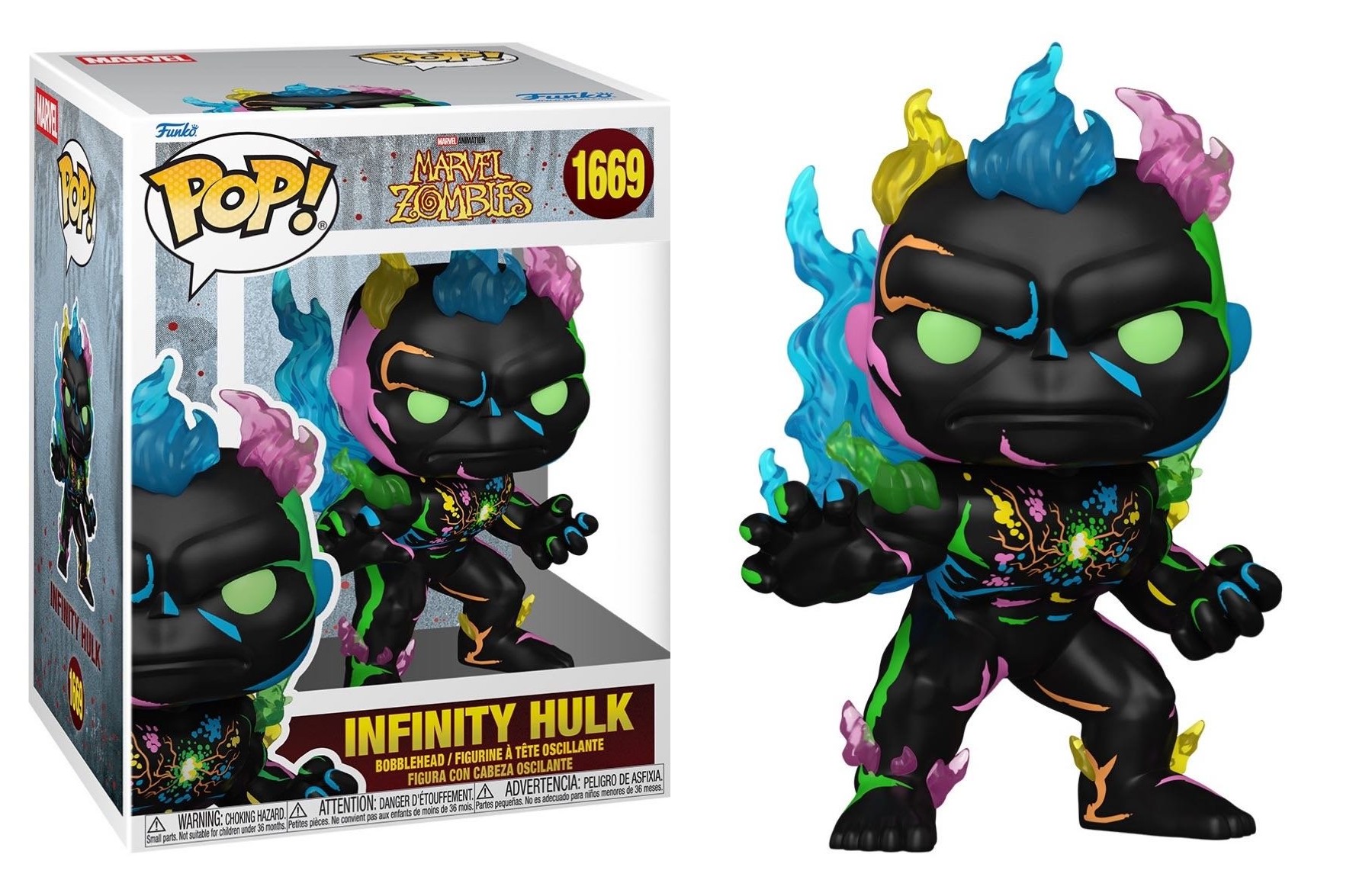 Funko Pop Infinity Hulk 1669 de Marvel Zombies dentro y fuera de la caja, negro con llamas de colores Funko Pop Infinity Hulk 1669 de Marvel Zombies dentro y fuera de la caja, negro con llamas de colores