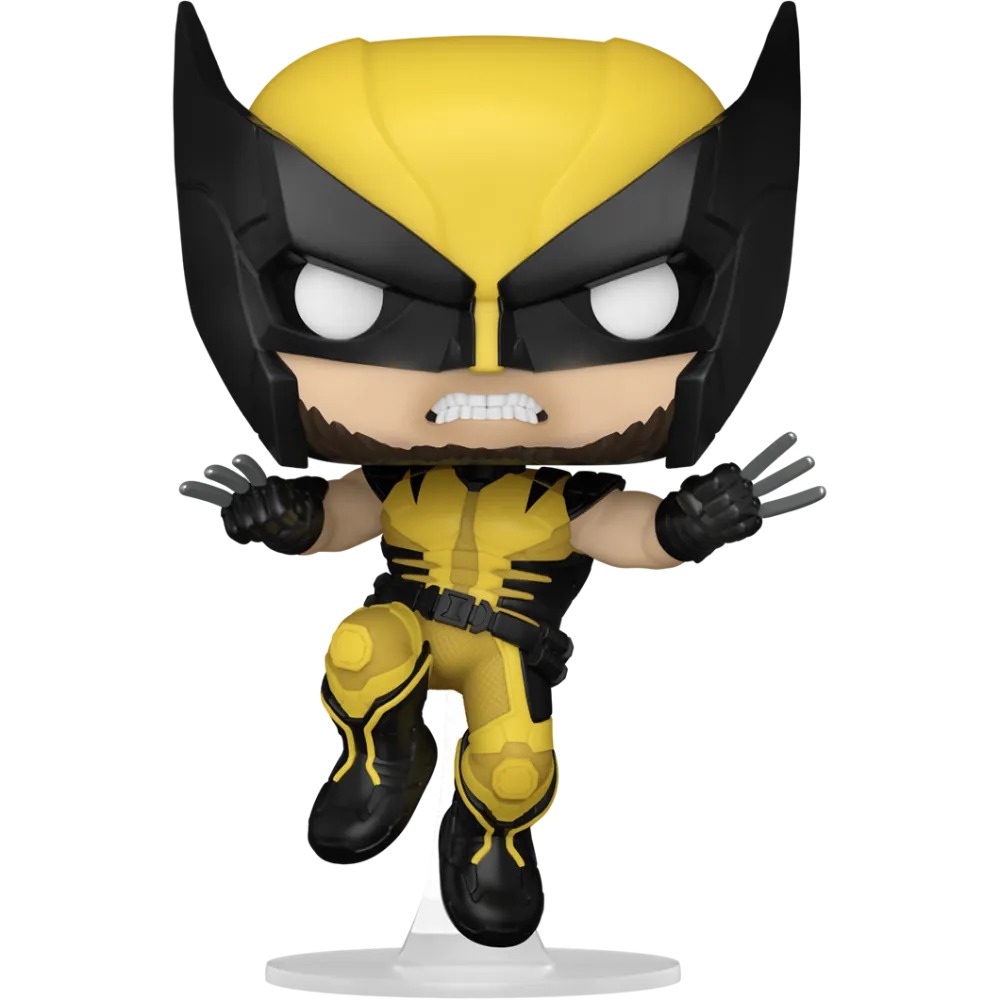 Funko Pop Wolverine Battle Reborn Suit Marvel's Wolverine traje amarillo y negro sobre fondo blanco
