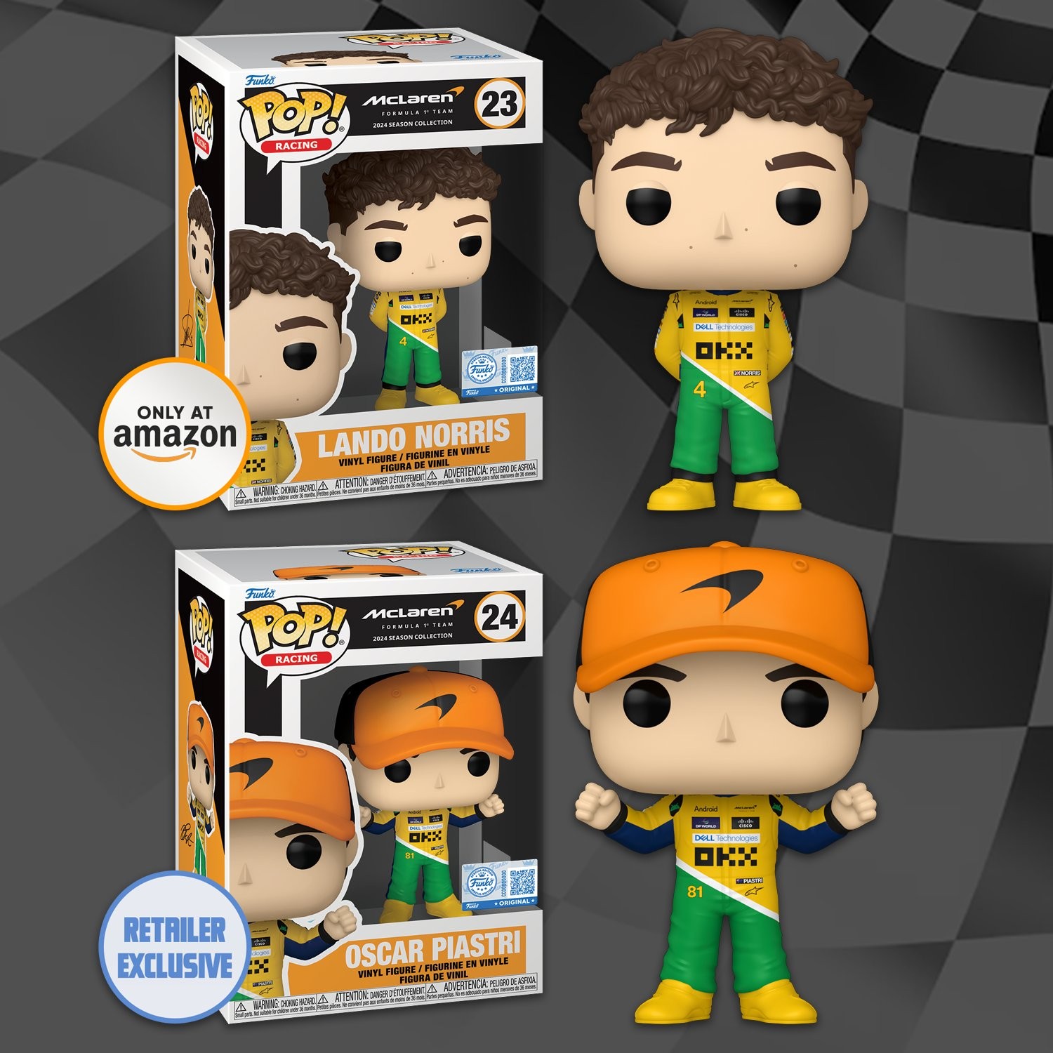 Funko Pop McLaren Lando Norris 23 exclusivo de Amazon y Oscar Piastri 24 con traje homenaje a Senna