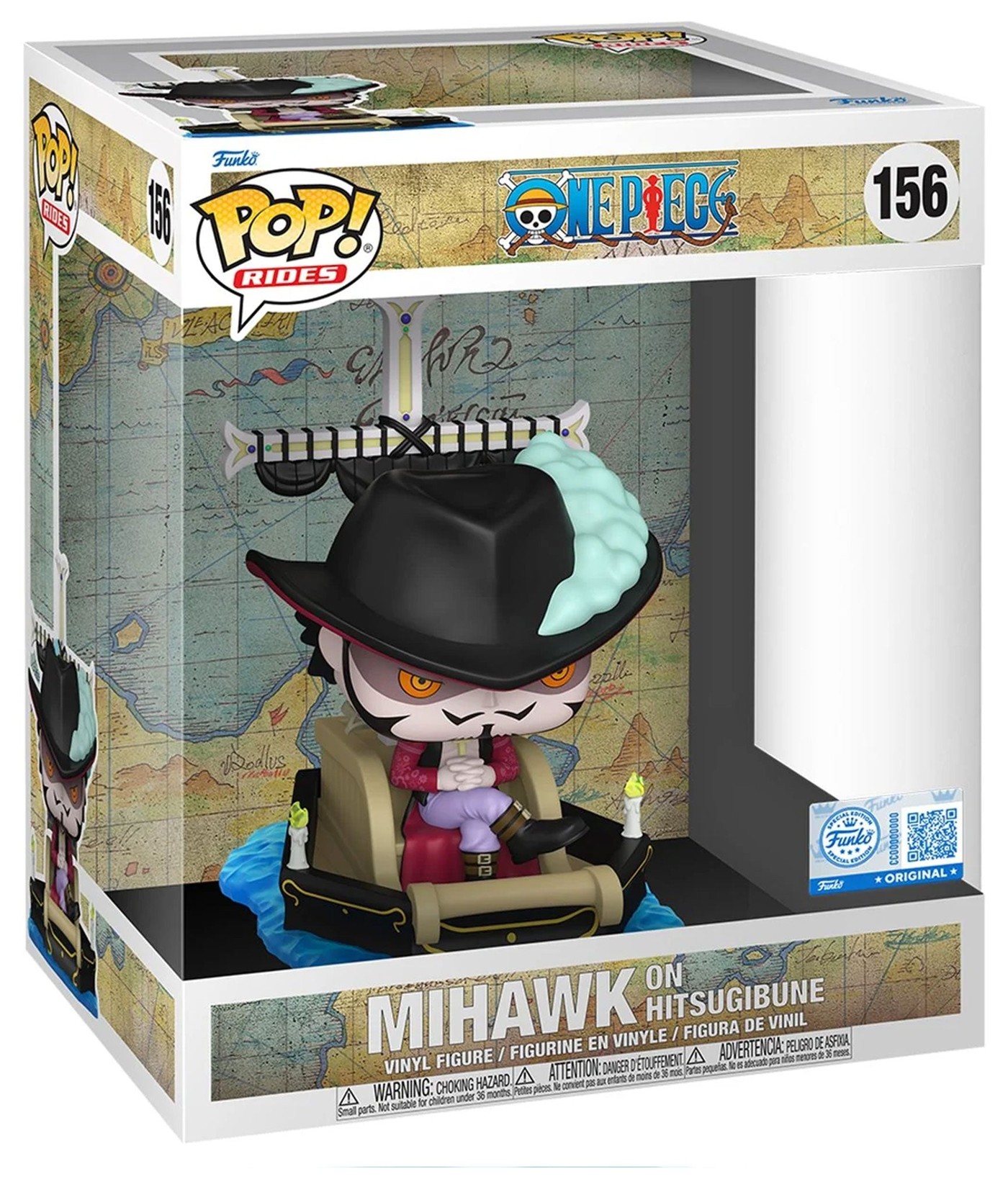 Caja del Funko Pop Rides Deluxe Mihawk on Hitsugibune número 156 de One Piece con sticker de exclusivo