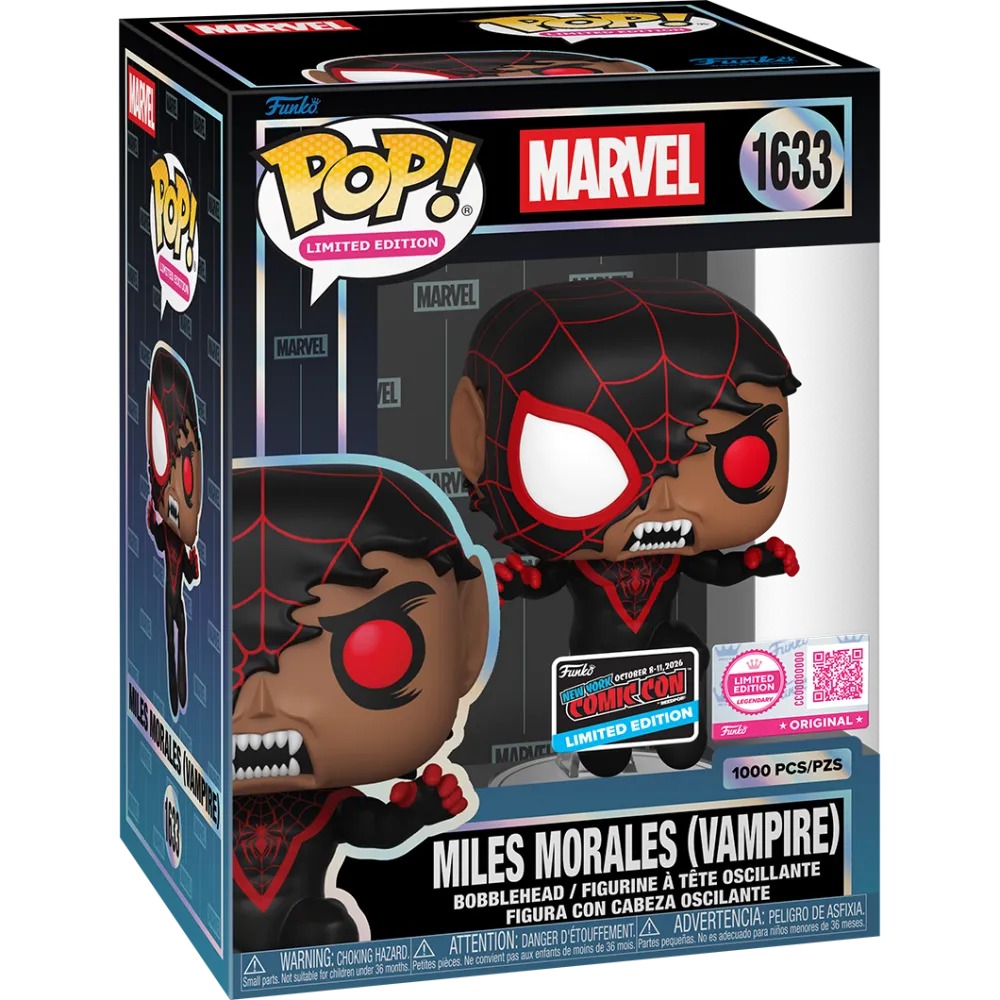 Funko Pop Miles Morales Vampire #1633 caja NYCC 2026 Limited Edition Legendary sobre fondo blanco