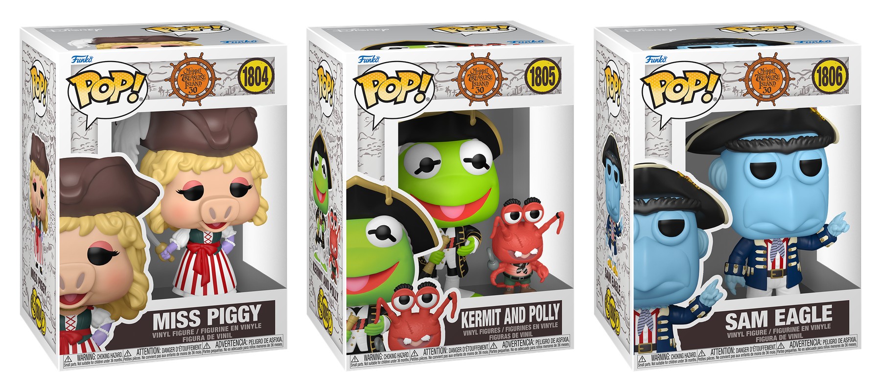 Cajas Funko Pop Muppet Treasure Island de Miss Piggy 1804, Kermit and Polly 1805 y Sam Eagle 1806