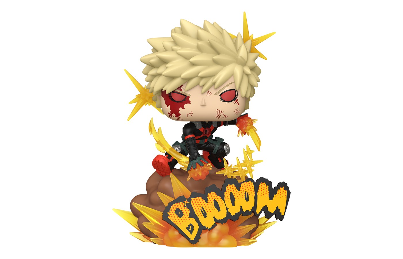 Funko Pop Deluxe Katsuki Bakugo My Hero Academia fuera de caja sobre nube de explosión con letras BOOOOM