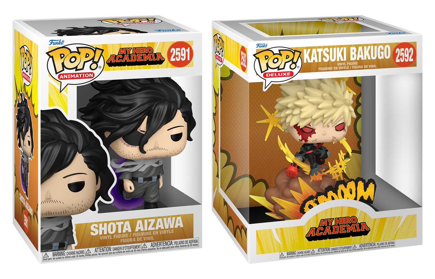 Cajas Funko Pop My Hero Academia Shota Aizawa 2591 y Pop Deluxe Katsuki Bakugo 2592 sobre fondo blanco