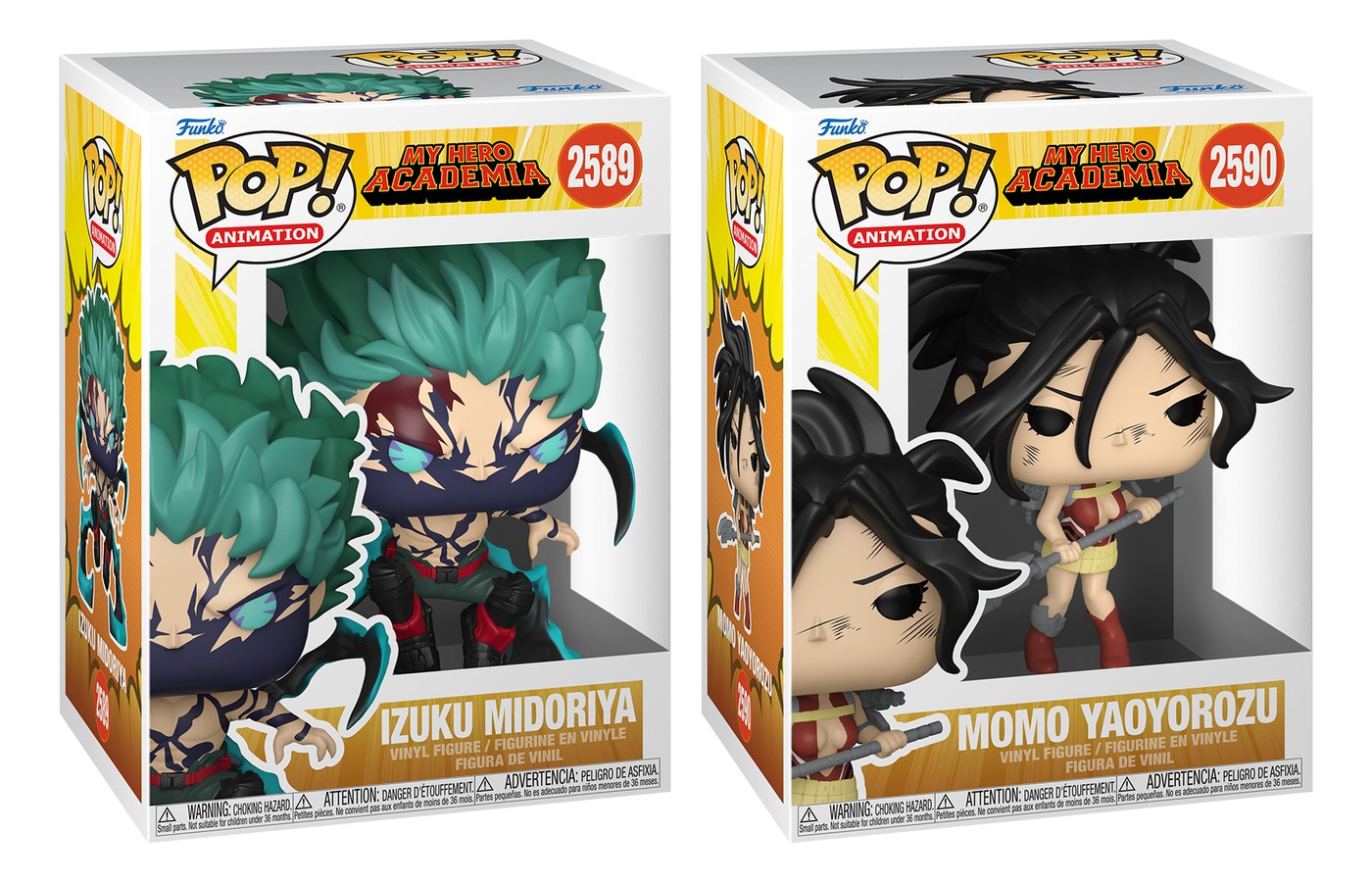 Cajas Funko Pop My Hero Academia Izuku Midoriya 2589 y Momo Yaoyorozu 2590 sobre fondo blanco