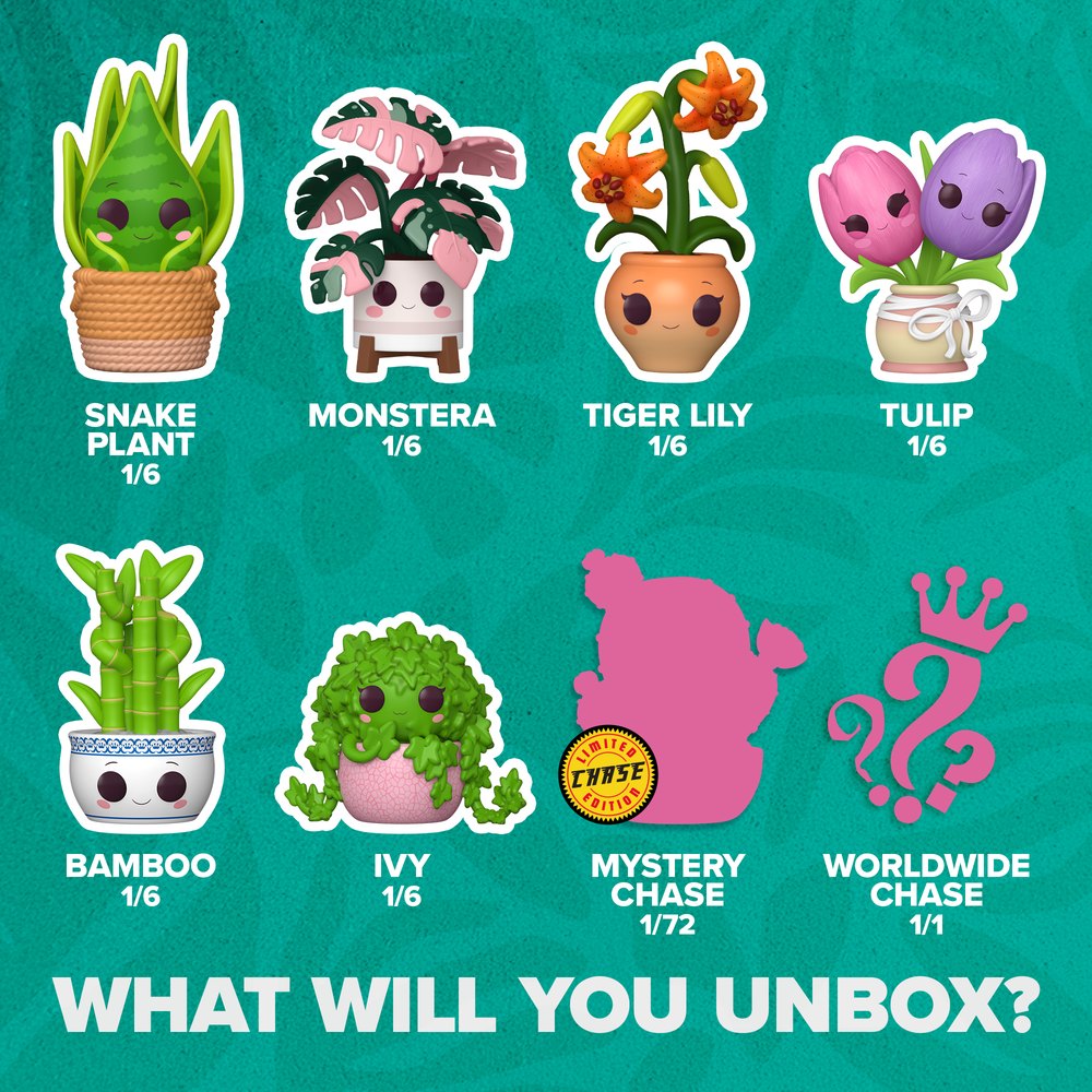 Lineup Funko Pop Mystery Flora con plantas personificadas Bamboo Monstera Snake Plant y más