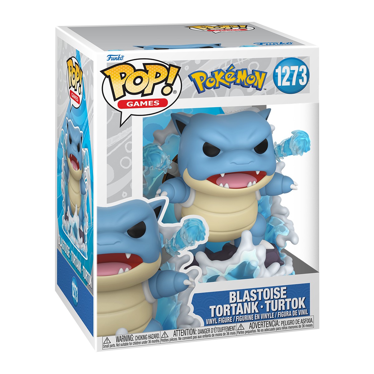 Caja del Funko Pop Premium Blastoise 1273 de Pokémon, con Blastoise saliendo de una ola de agua, fondo blanco