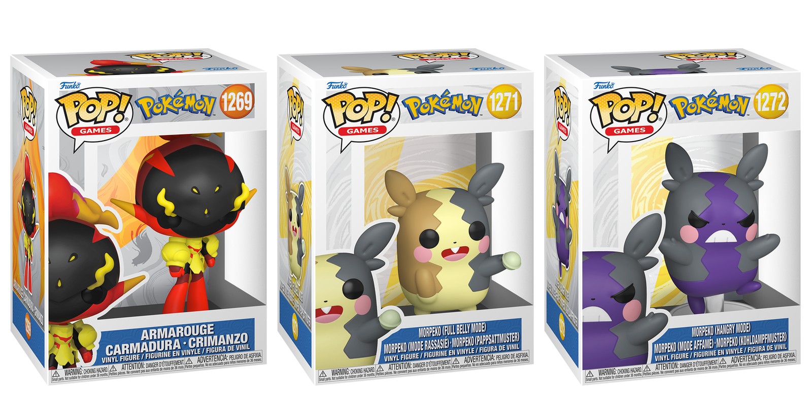 Cajas Funko Pop Pokémon Armarouge 1269, Morpeko Full Belly Mode 1271 y Morpeko Hangry Mode 1272, fondo blanco