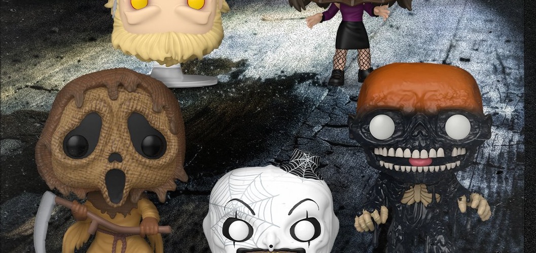 Funko Pop Scare Fair 2026 Scarecrow Ghost Face con guadaña y Tarman Return of the Living Dead arte oficial