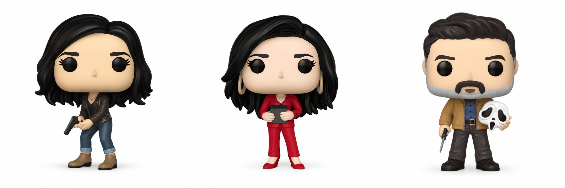 Trío Funko Pop Scream 2022 Sidney Prescott Gale Weathers y Dewey Riley fondo blanco