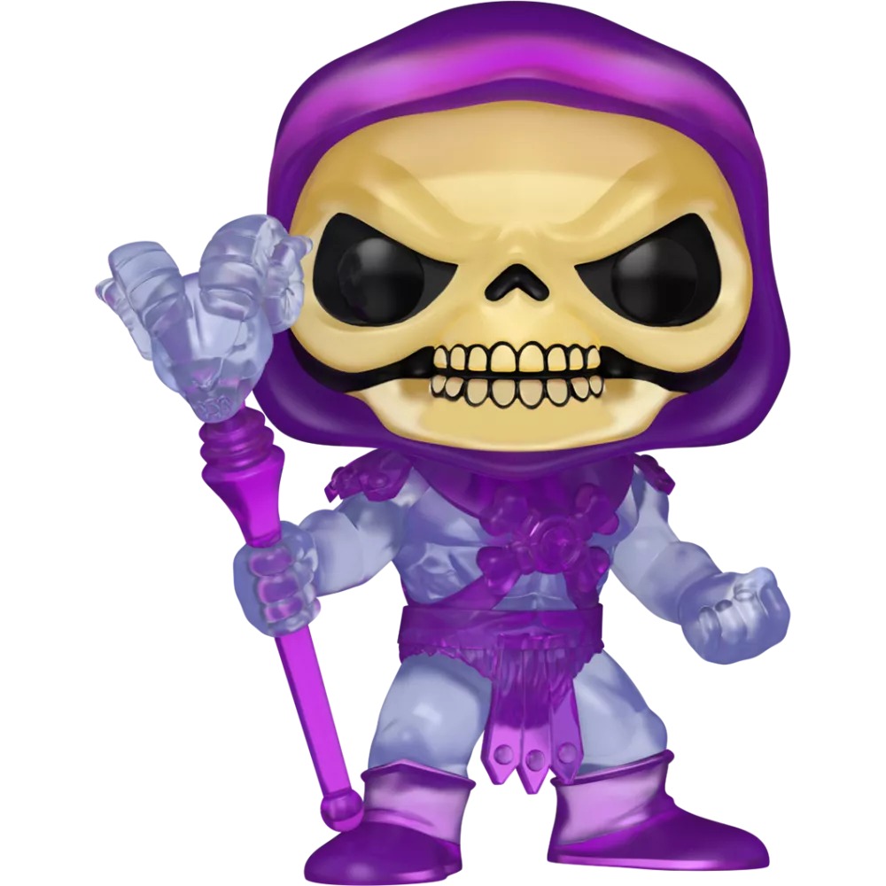 Funko Pop Skeletor Translucent #2490 fuera de caja con Havoc Staff translúcido sobre fondo blanco
