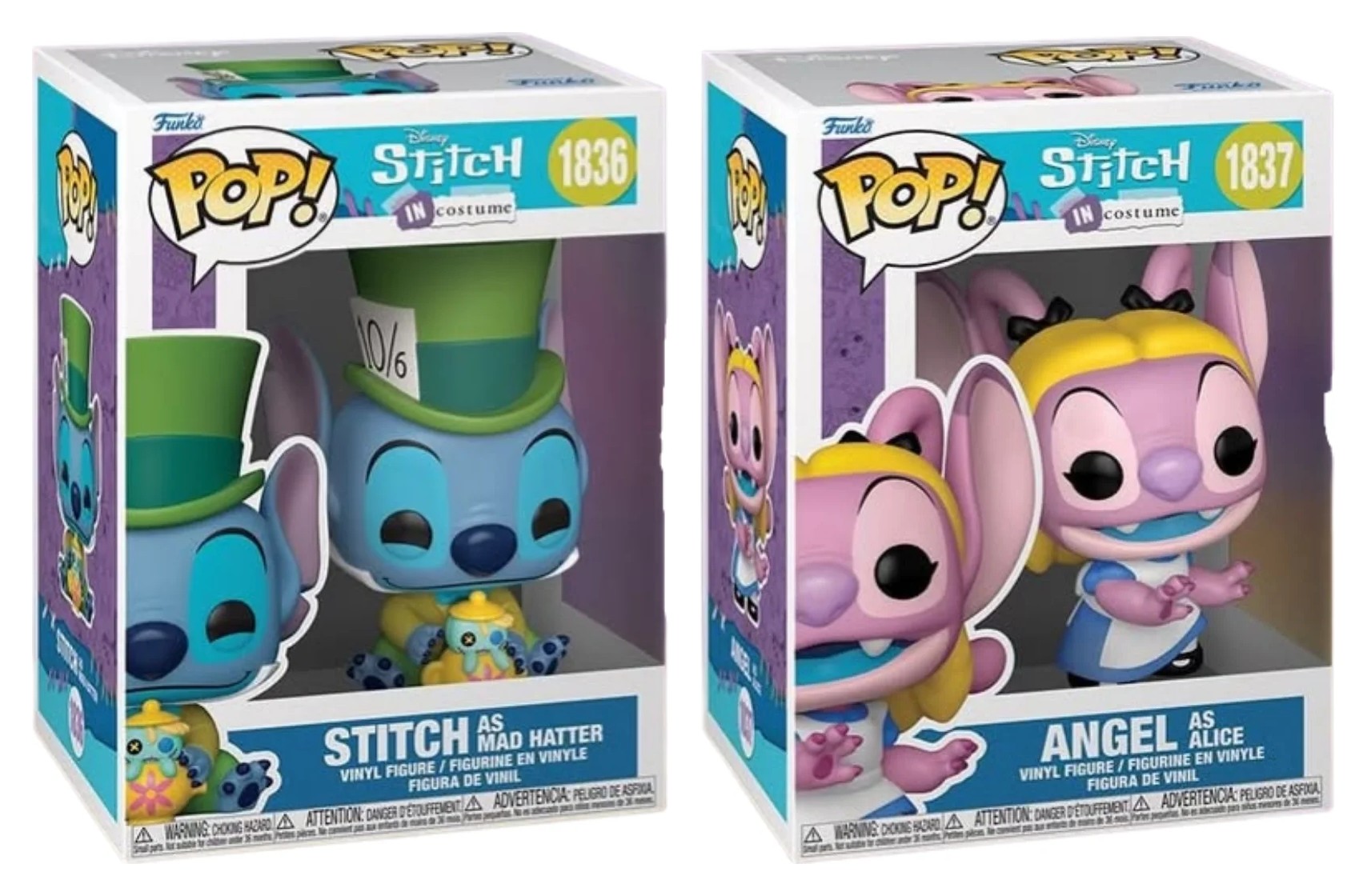 Funko Pop Stitch as Mad Hatter 1836 y Angel as Alice 1837 en sus cajas