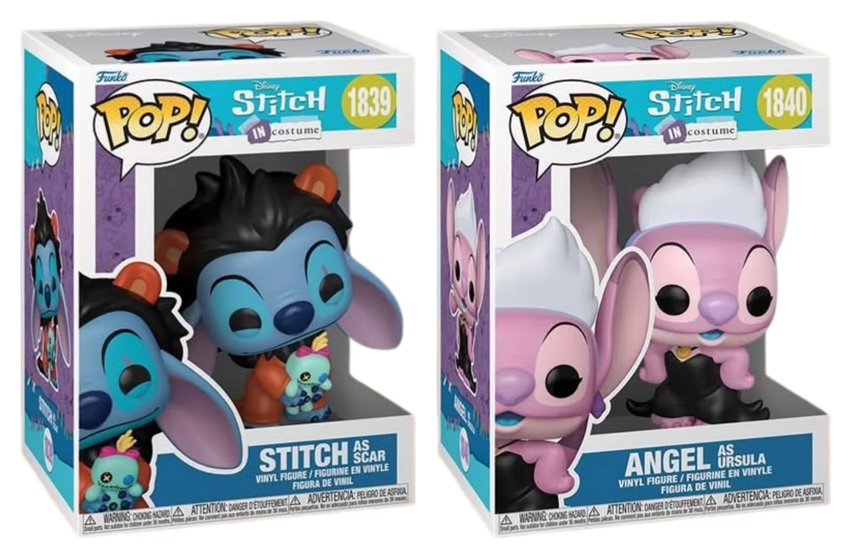 Funko Pop Stitch as Scar 1839 y Angel as Ursula 1840 en sus cajas