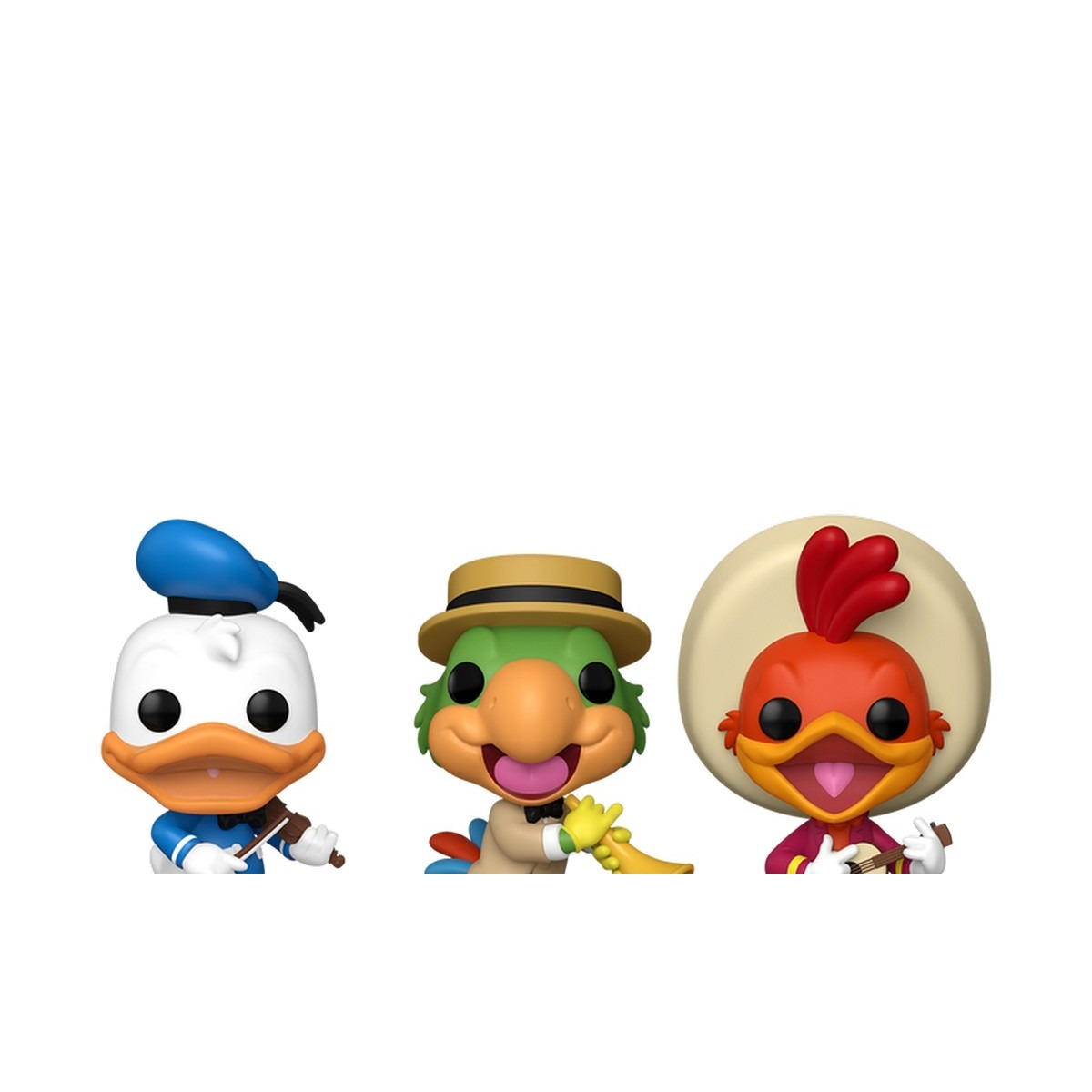 Detalle Funko Pop Three Caballeros: rostros de Donald, José Carioca y Panchito con instrumentos